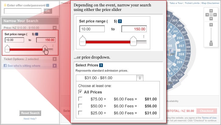Depending on the event, narrow your search using either the price slider