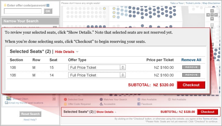 To review your selected seats, click Show Details. Note that selected seats are not reserved yet. When you are done selecting seats, click Checkout to begin reserving your seats.