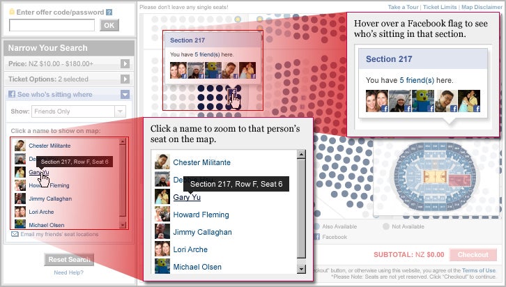 Click a name to zoom to that person's seat on the map. Hover over a Facebook flag to see who's sitting in that section.