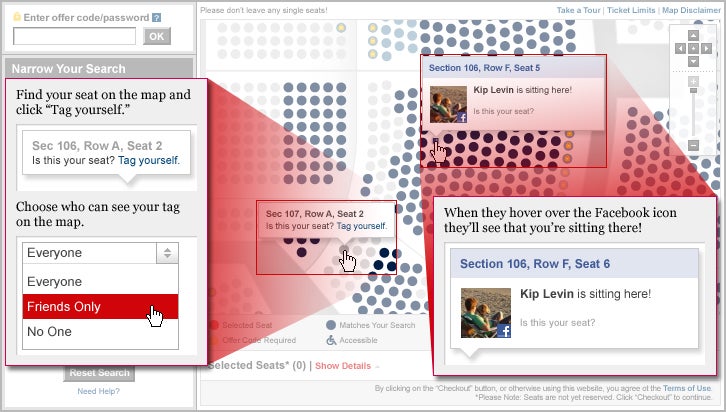 Find your seat on the map and click 'Tag yourself.' Choose who can see your tag on the map. When theyh hover over the Facebook icon they'll see that you're sitting there!