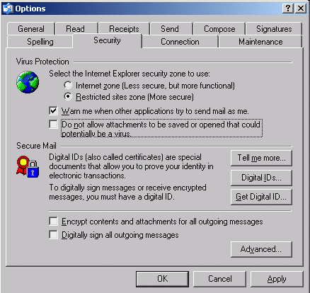 Example of the Outlook Express Options dialog box 