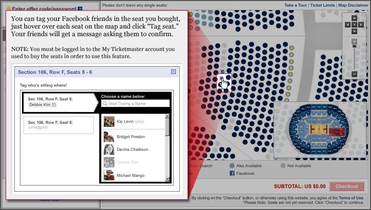 You can tag your Facebook friends in the seat you bought just hover over each seat on the map and click 'Tag seat.' Your friends will get a message asking them to confirm.