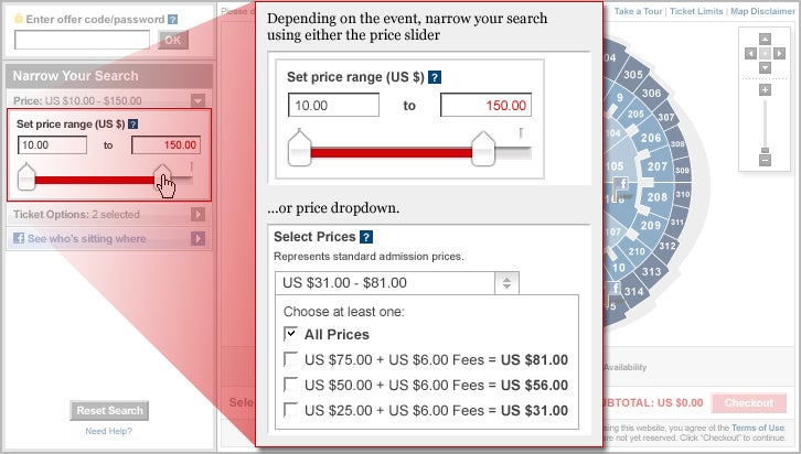 Depending on the event, narrow your search using either the price slider