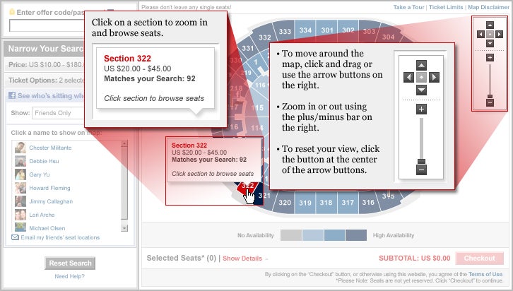 To move around the map, click and drag or use the arrow buttons on the right. Zoom in or out using the plus/minus bar on the right. To reset your view click the button at the center of the arrow buttons