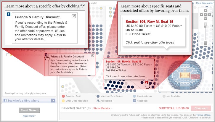 Learn more about a specific offer by clicking ? buttons. Learn more about specific seats and associated offers by hovering over them.