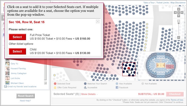 Click on a seat to add it to your Selected Seats cart. If multiple options are available for a seat, choose the option you want from the pop-up window.