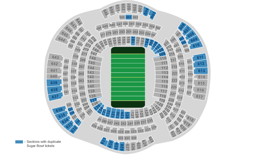 Seat Map Image Highlighted In Blue Are Sections With Duplicate Sugar Bowl Tickets 