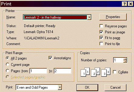 Ejemplo de un cuadro de dialogo de impresi&oacute;n de Adobe Acrobat.